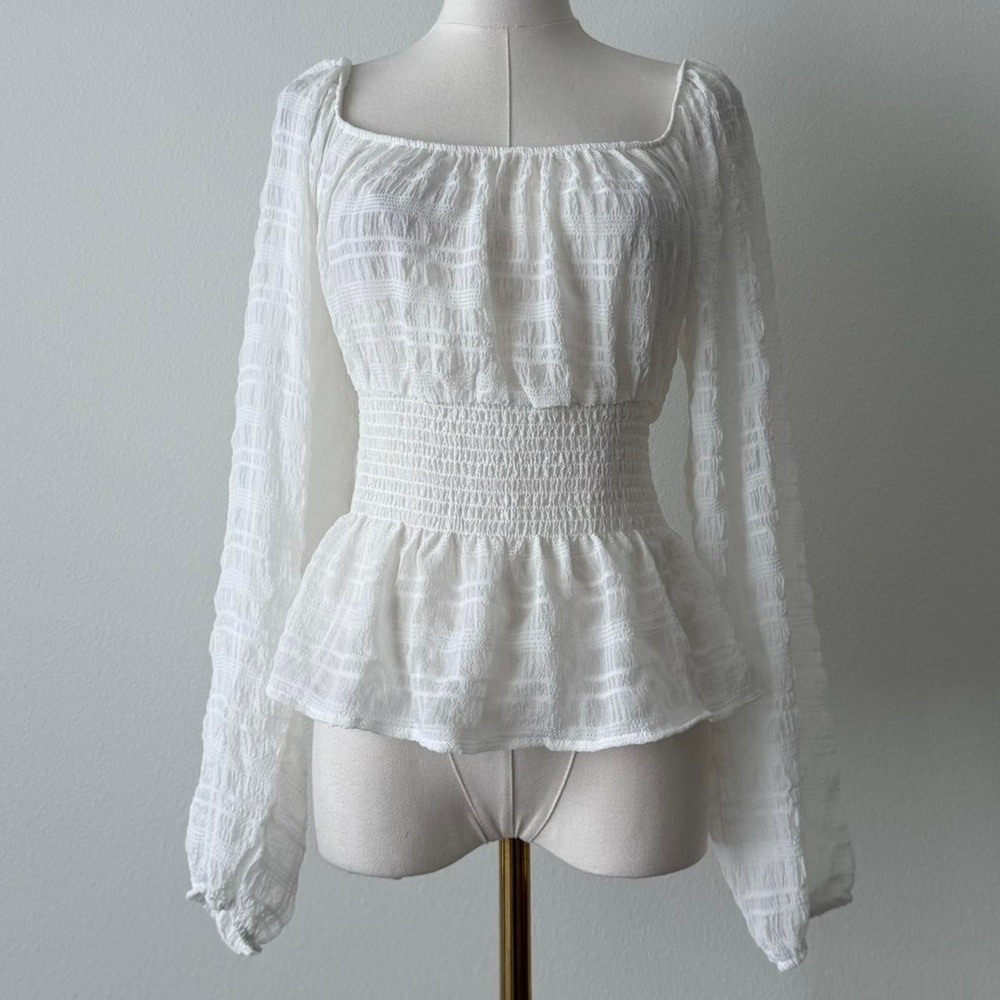 Cottagecore Boho Textured Peplum Blouse White Crinkle Festival Top Small